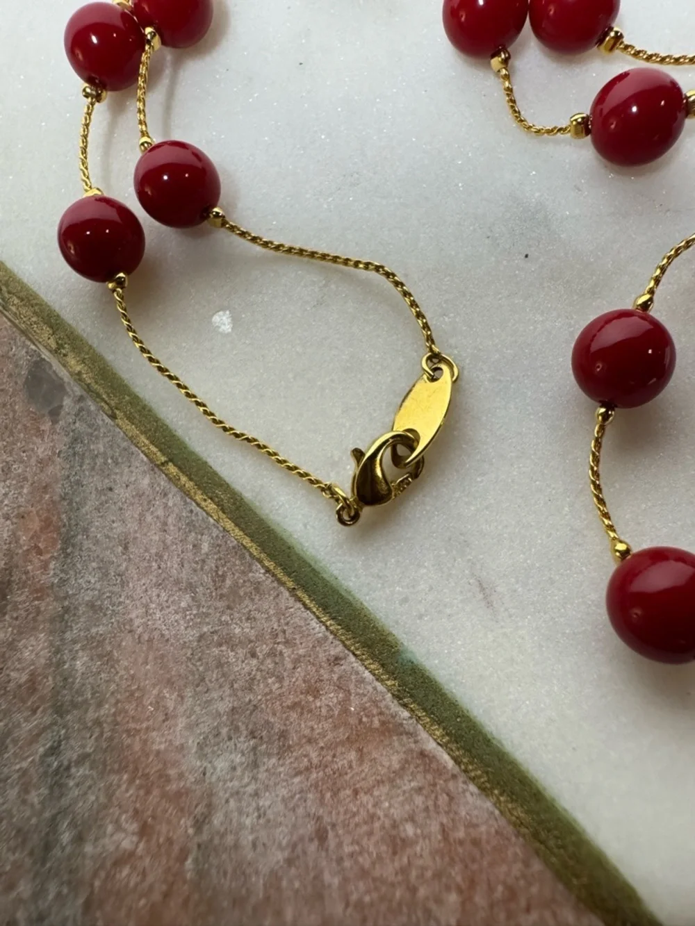 Red Bead Necklace Gold Tone Chain Long Necklace